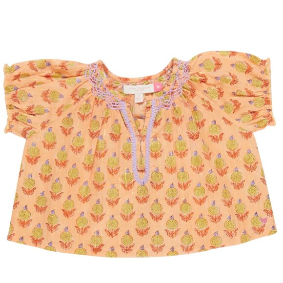 Girls Short Sleeve Ava Top in Orange Dahlia | Boho Chic Indian Block Print | Pin - Picture 1 of 2